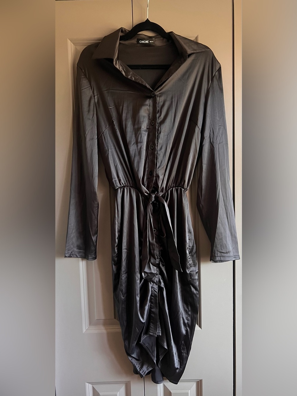 chicme Black Satin Button-Front Dress